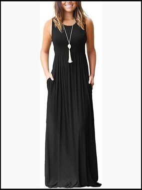 Sleeveless Plain Maxi Dress with Pockets A-line Casual Long Dress